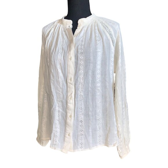 Universal Thread Womens Off-White Long Sleeve Button-Up Blouse w/ Lace Inserts - Picture 5 of 15